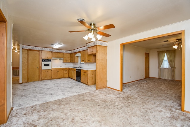 kitchen featuring white oven, light colored carpet, ceiling fan, sink, and dishwasher