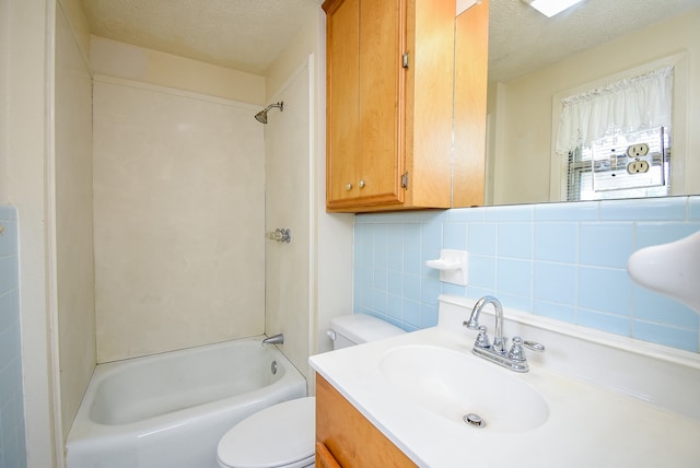 full bathroom with decorative backsplash, a textured ceiling, toilet, and  shower combination