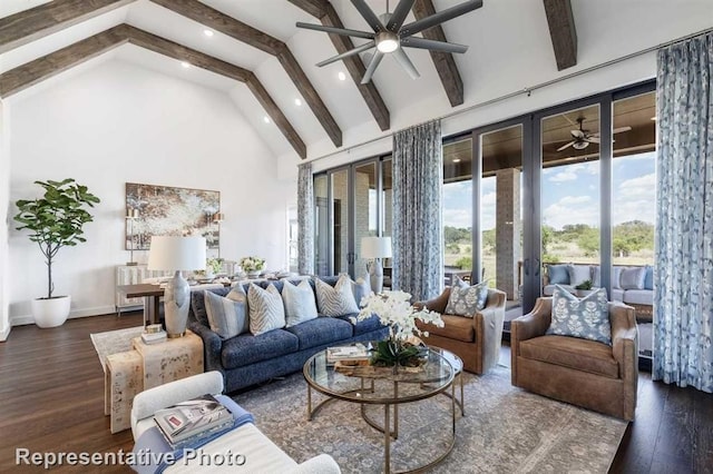 living room featuring beamed ceiling, french doors, high vaulted ceiling, and dark hardwood / wood-style floors