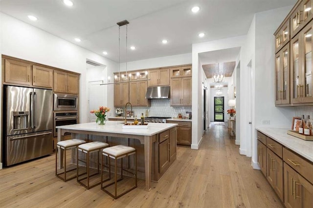 kitchen with pendant lighting, light wood-type flooring, an island with sink, appliances with stainless steel finishes, and a breakfast bar area