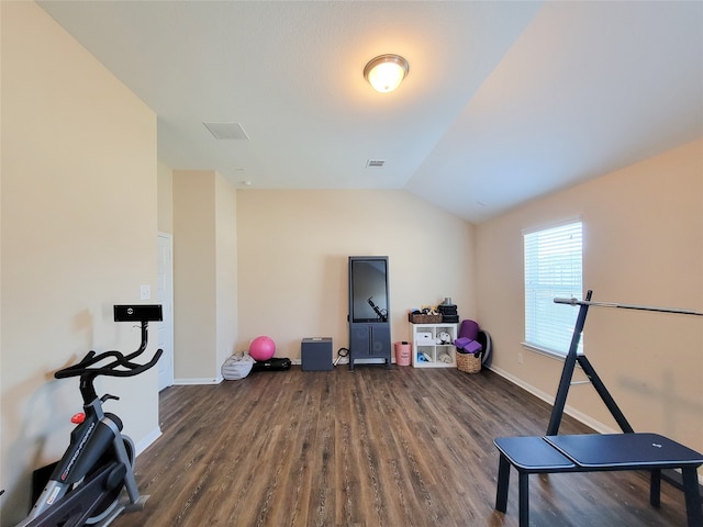 workout room featuring dark hardwood / wood-style floors and lofted ceiling