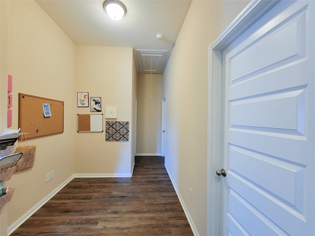 hallway with a textured ceiling and dark hardwood / wood-style floors