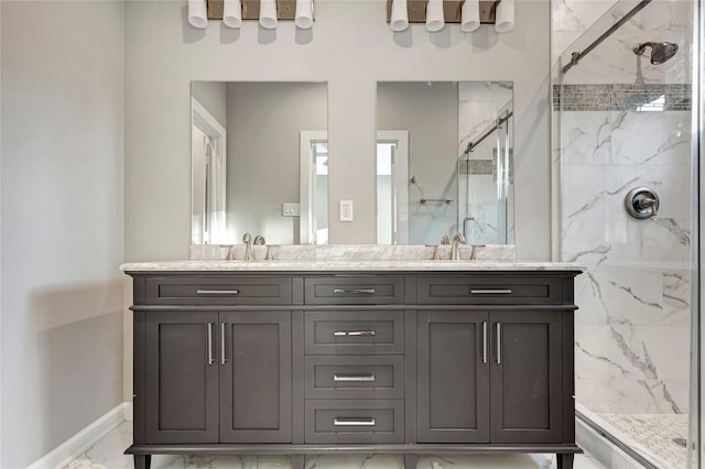 bathroom featuring vanity and a shower with shower door