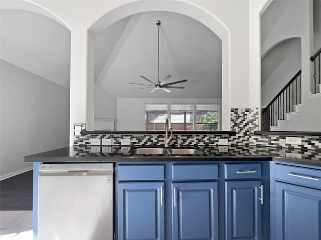 kitchen with blue cabinetry, ceiling fan, sink, tasteful backsplash, and stainless steel dishwasher