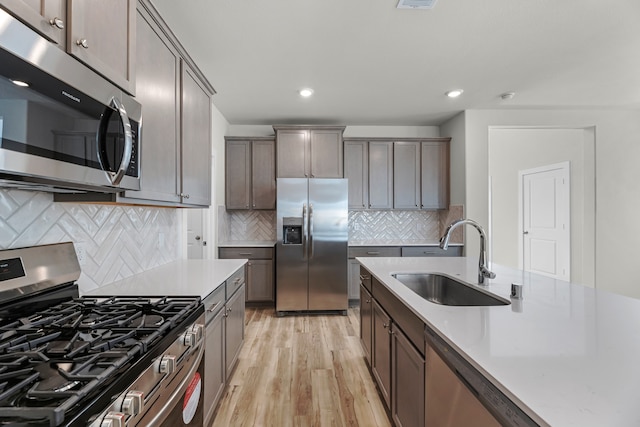 kitchen with backsplash, dark brown cabinetry, stainless steel appliances, sink, and light hardwood / wood-style flooring