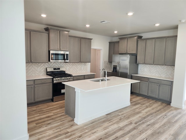 kitchen with a center island with sink, sink, light wood-type flooring, appliances with stainless steel finishes, and tasteful backsplash