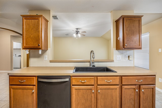 kitchen featuring backsplash, stainless steel dishwasher, ceiling fan, sink, and light tile patterned flooring