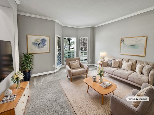 carpeted living room featuring ornamental molding