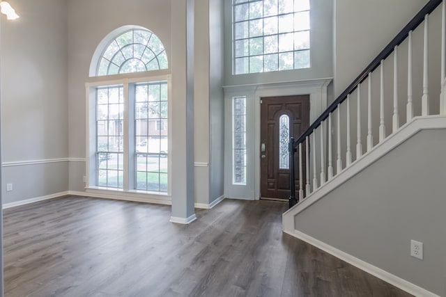 foyer featuring a high ceiling and dark hardwood / wood-style flooring