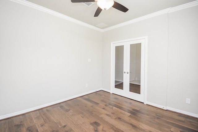 unfurnished room featuring dark hardwood / wood-style flooring, ceiling fan, french doors, and ornamental molding