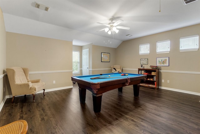 recreation room with pool table, dark hardwood / wood-style flooring, lofted ceiling, and ceiling fan