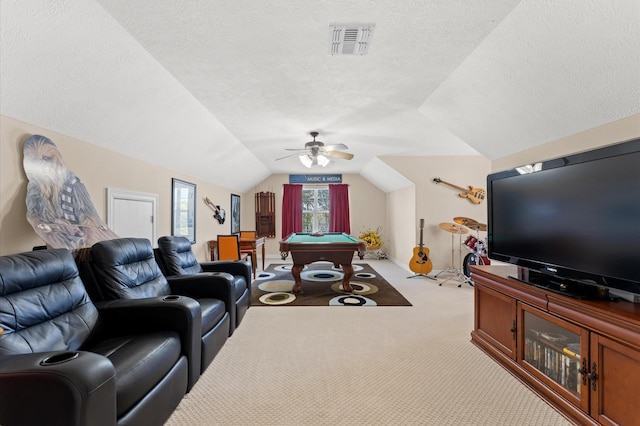 5960HIGHWAY 36 N, Bellville, TX 77418 - carpeted living area with a textured ceiling, billiards, ceiling fan, lofted ceiling, and visible vents