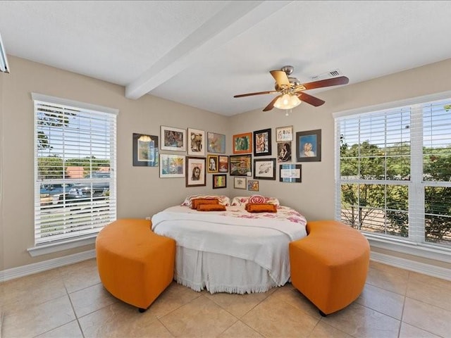 5960HIGHWAY 36 N, Bellville, TX 77418 - bedroom with visible vents, a ceiling fan, light tile patterned floors, beamed ceiling, and baseboards
