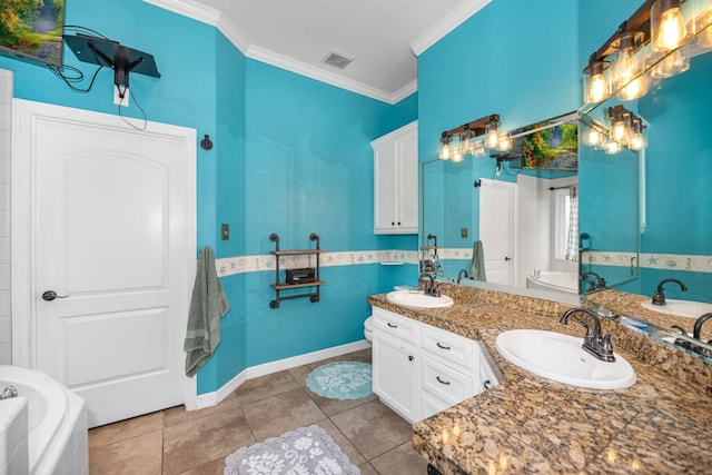 bathroom with a tub to relax in, crown molding, tile patterned flooring, and vanity