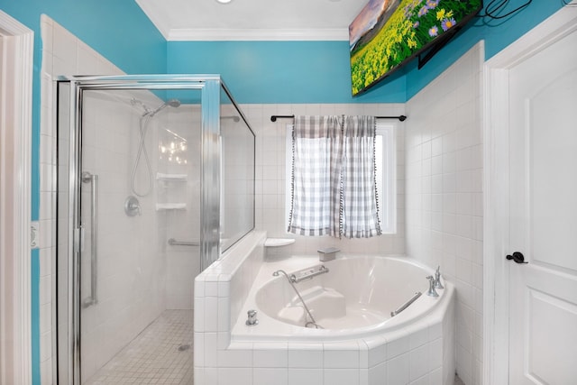 bathroom with plus walk in shower, tile patterned flooring, and crown molding