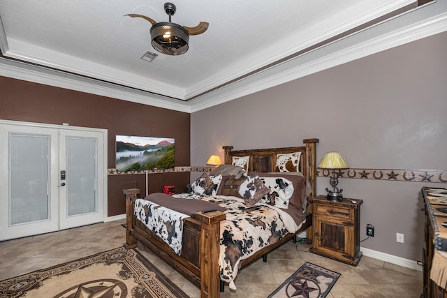 tiled bedroom featuring crown molding, french doors, ceiling fan, and a textured ceiling