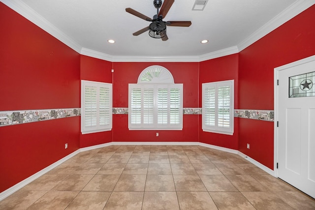 tiled empty room featuring ceiling fan, a textured ceiling, and ornamental molding