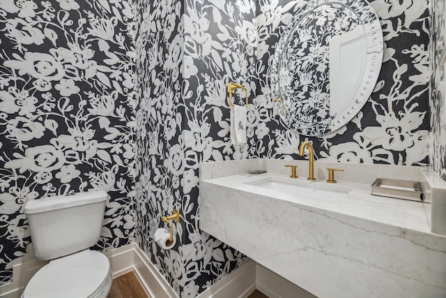 bathroom featuring sink, hardwood / wood-style floors, and toilet