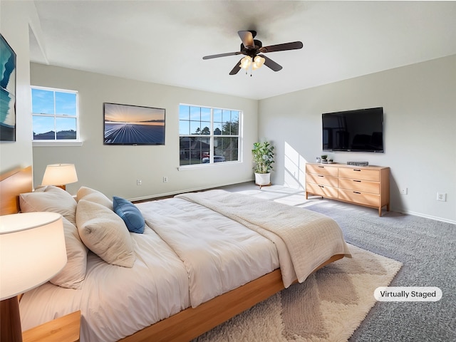 bedroom featuring carpet flooring and ceiling fan