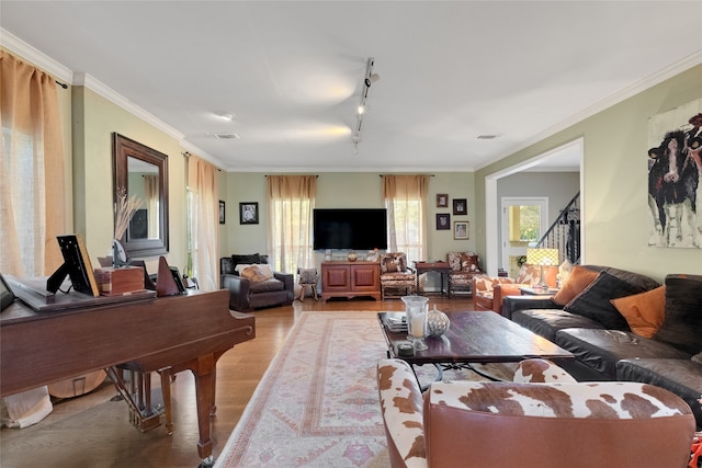 living room featuring rail lighting, light hardwood / wood-style floors, and crown molding