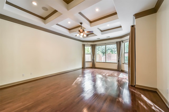 empty room featuring ornamental molding, coffered ceiling, ceiling fan, beamed ceiling, and dark hardwood / wood-style floors