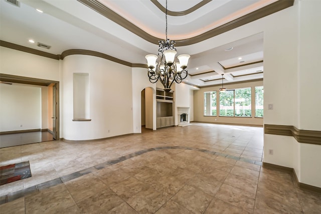 unfurnished living room featuring beamed ceiling, an inviting chandelier, crown molding, and coffered ceiling