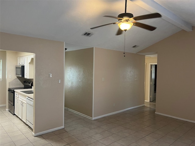 kitchen with vaulted ceiling with beams, ceiling fan, white cabinets, and stainless steel appliances