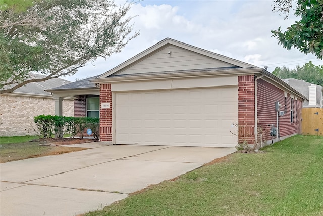 single story home featuring a front yard and a garage