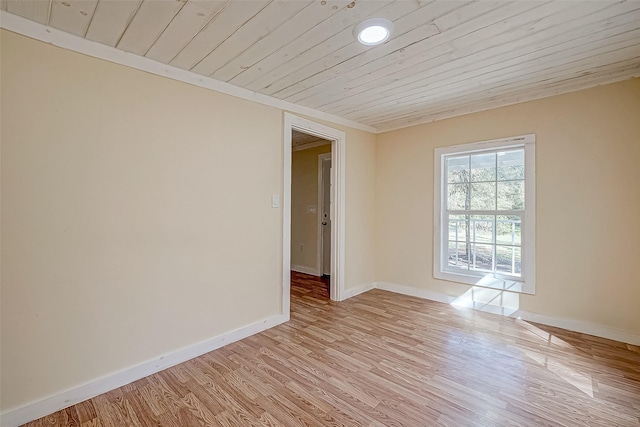 unfurnished room featuring wood ceiling and light hardwood / wood-style flooring