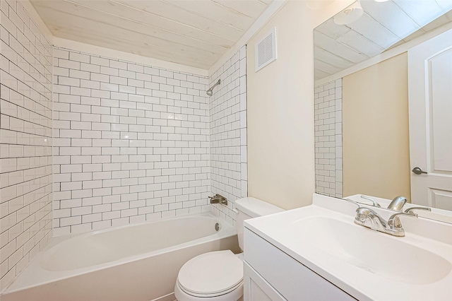 full bathroom featuring vanity, toilet, wooden ceiling, and tiled shower / bath