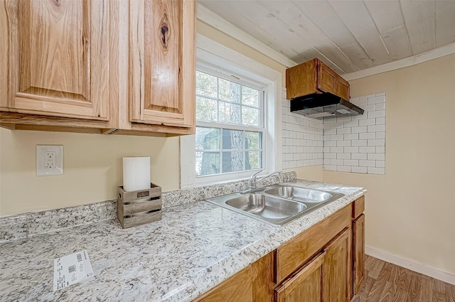 kitchen featuring hardwood / wood-style floors, wooden ceiling, and sink