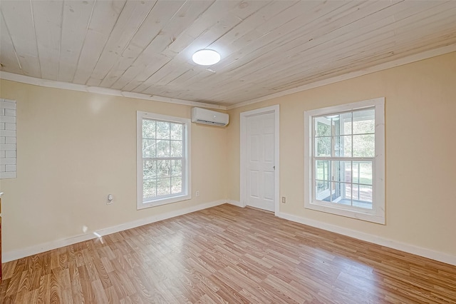 unfurnished room with a wall mounted air conditioner, light hardwood / wood-style flooring, ornamental molding, and wood ceiling