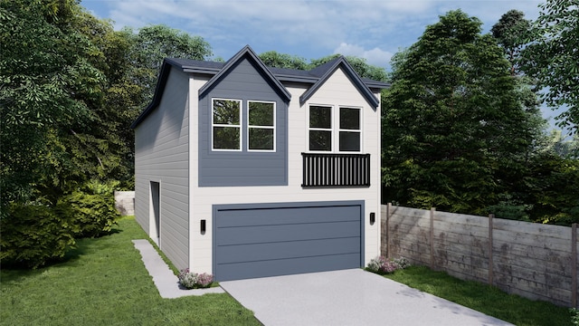 view of front of property with a front yard and a garage