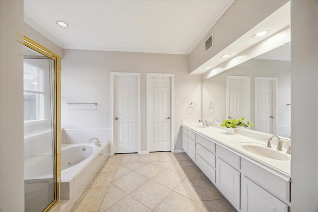 bathroom featuring tile patterned floors, separate shower and tub, vanity, and ornamental molding