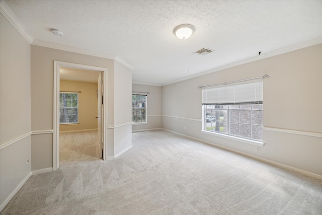 carpeted empty room with a textured ceiling and ornamental molding