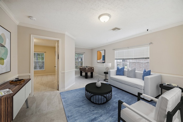 living room with light colored carpet, ornamental molding, and a textured ceiling