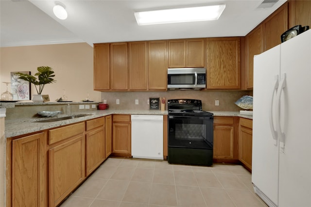 kitchen featuring kitchen peninsula, backsplash, white appliances, crown molding, and sink