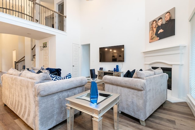 living room with a high ceiling and hardwood / wood-style flooring