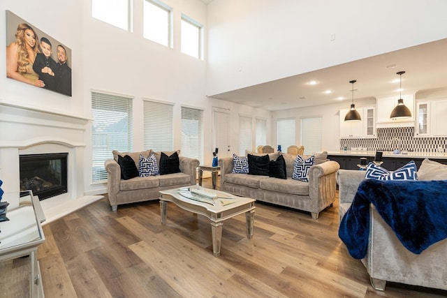 living room featuring hardwood / wood-style flooring, a towering ceiling, and a wealth of natural light