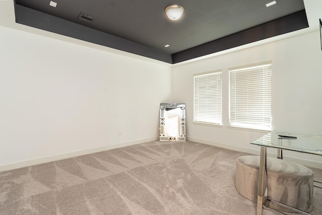 miscellaneous room featuring a raised ceiling and carpet floors