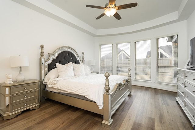 bedroom with ceiling fan, dark wood-type flooring, and a tray ceiling