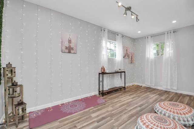 living area with hardwood / wood-style flooring and track lighting