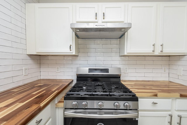 kitchen featuring wooden counters, gas range, tasteful backsplash, and exhaust hood