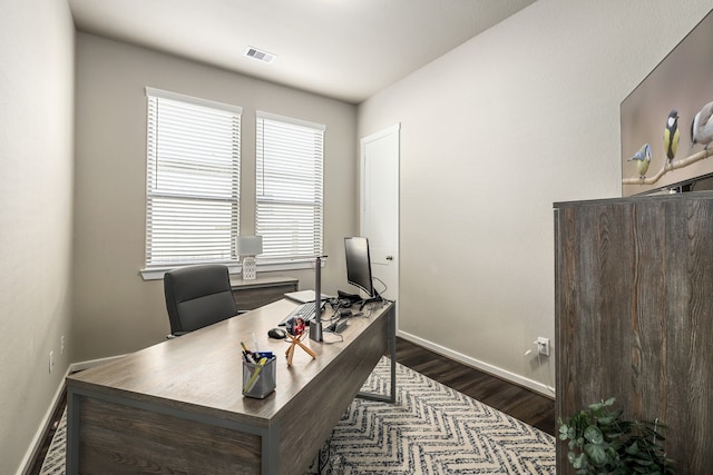 home office featuring dark hardwood / wood-style floors