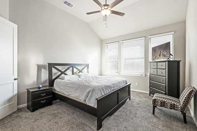 bedroom featuring carpet flooring, vaulted ceiling, and ceiling fan