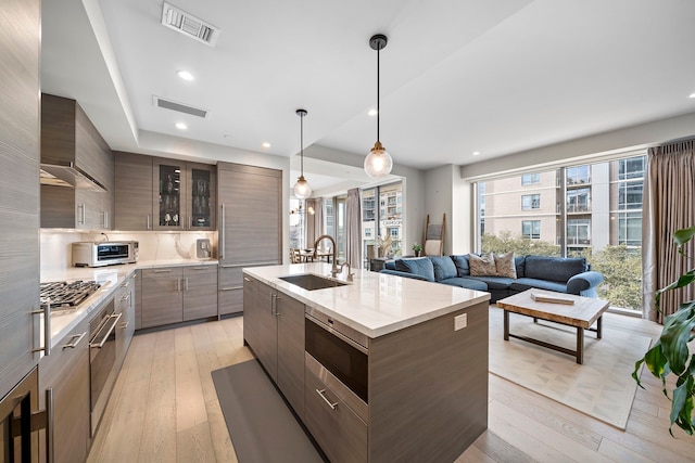 kitchen featuring pendant lighting, sink, light hardwood / wood-style flooring, an island with sink, and appliances with stainless steel finishes