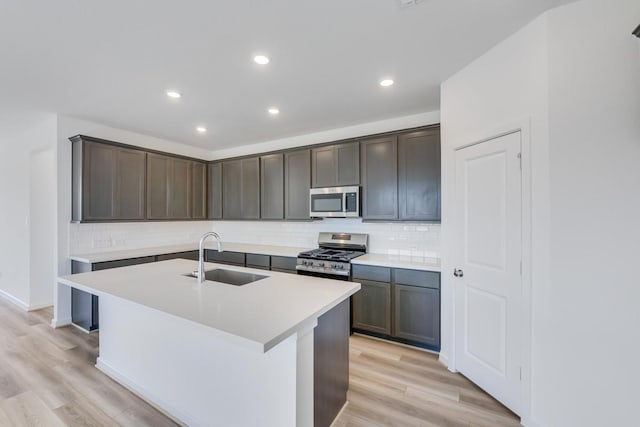 kitchen featuring light wood-type flooring, a kitchen island with sink, a sink, backsplash, and appliances with stainless steel finishes