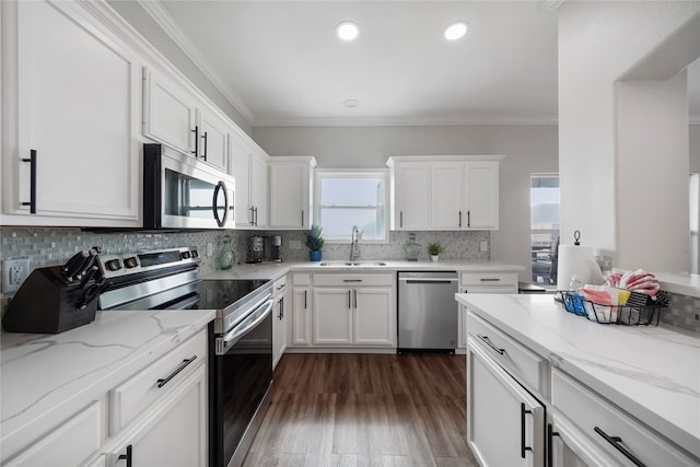 kitchen with backsplash, white cabinets, dark hardwood / wood-style floors, and appliances with stainless steel finishes