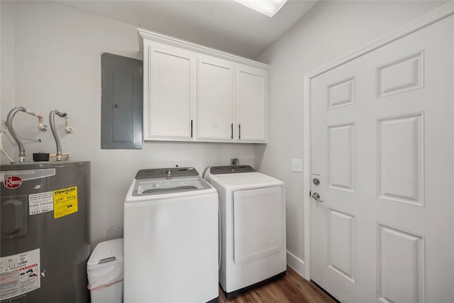 laundry room with cabinets, electric water heater, electric panel, dark hardwood / wood-style floors, and washing machine and clothes dryer