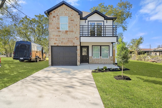 view of front of property with a balcony, a garage, and a front lawn